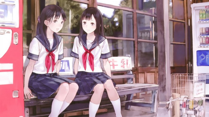 Two anime schoolgirls sitting on a bench