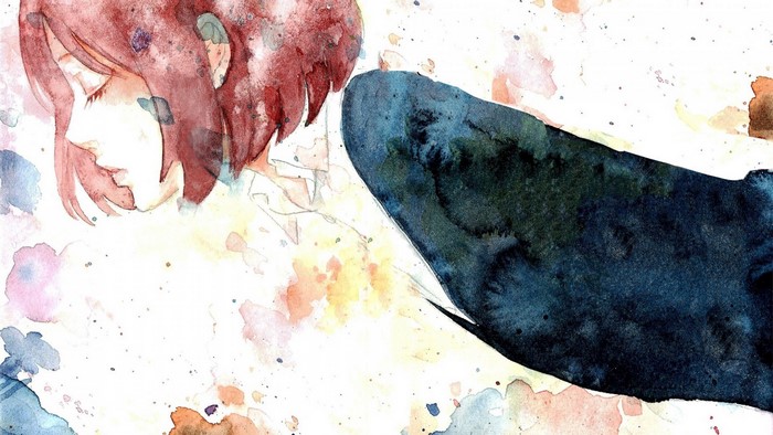 Watercolor painting of a person with red hair and a dark shape