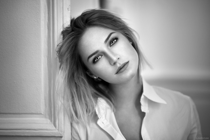 Monochrome portrait of a woman with blonde hair