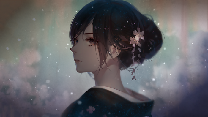 Anime girl in kimono with flowers