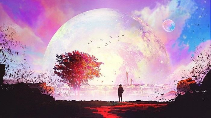 Fantasy art of a person looking at a large planet and a tree