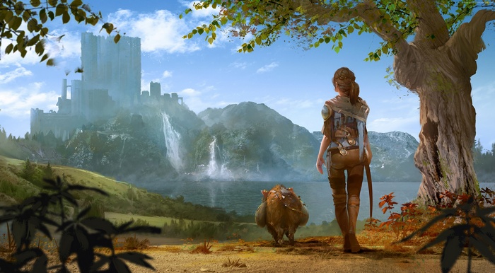 Girl and creature near castle with waterfalls