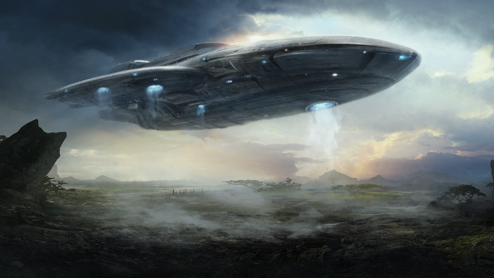 Spaceship hovering over a misty landscape