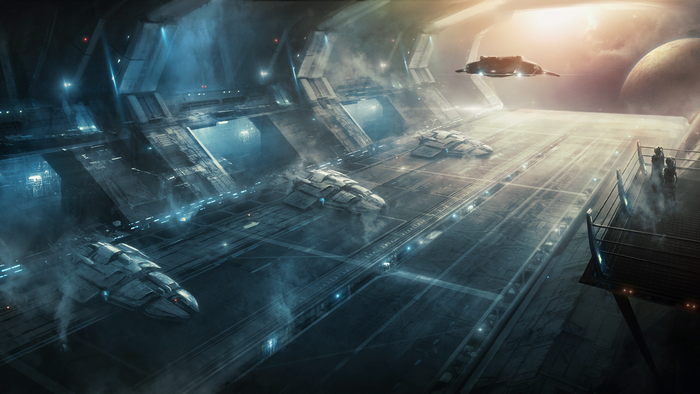 Spaceships in a futuristic space hangar with planets in the background