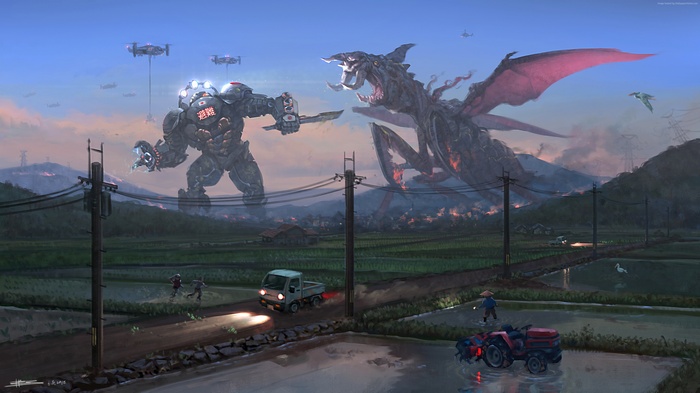 Giant Robot and Dragon Battle in Rural Landscape