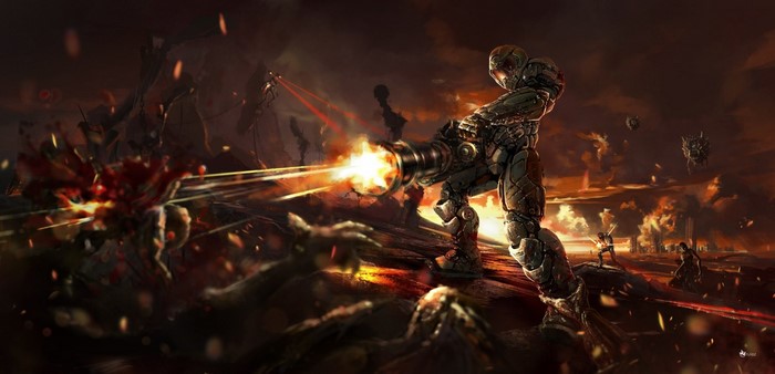 Doom 4 game screenshot with marine fighting demons