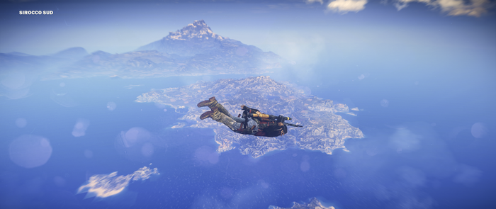 Rico from Just Cause 3 skydiving over islands