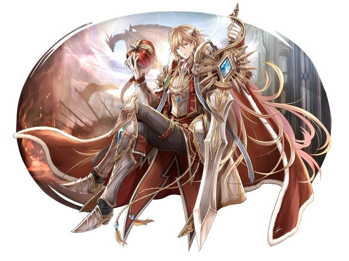 Man in armor holding a crown and sword with dragon in background
