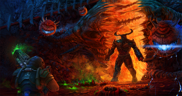 Doom game screenshot with demons and player character