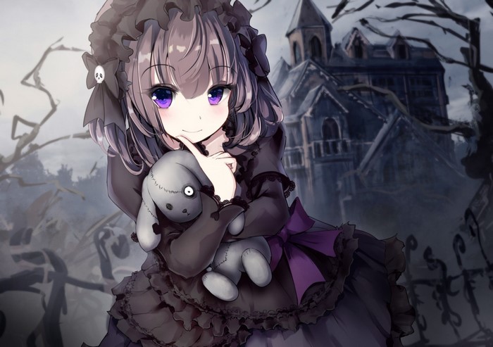 Anime girl in gothic dress holding a stuffed bunny