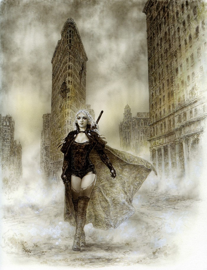 Woman with sword in front of Flat Iron Building