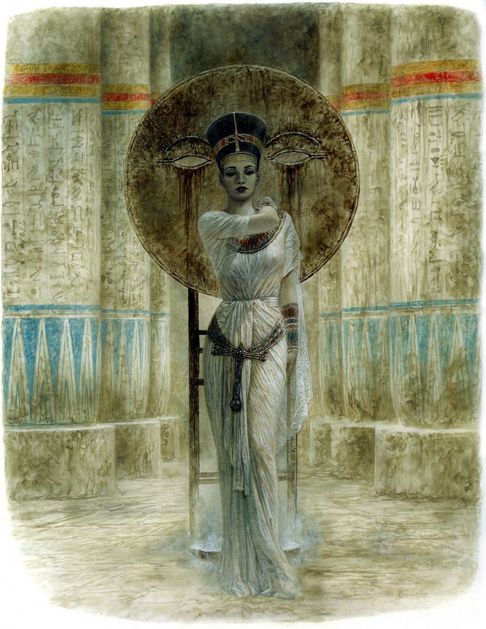 Woman in Egyptian attire in front of a large eye symbol