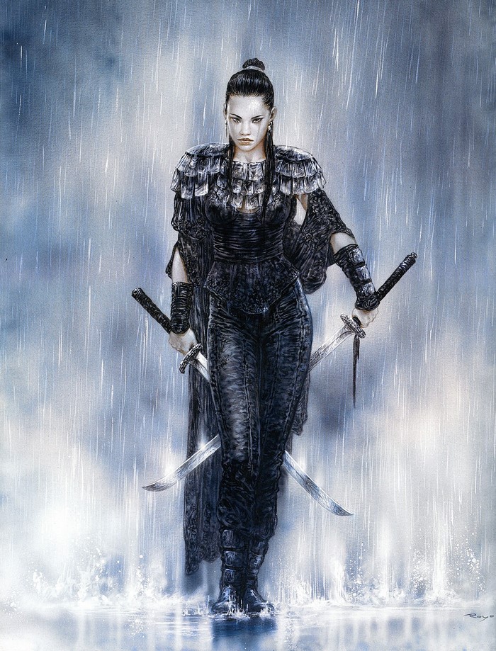 Warrior woman with swords in the rain