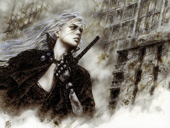 Woman with sword in ruined city, fantasy art by Luis Royo