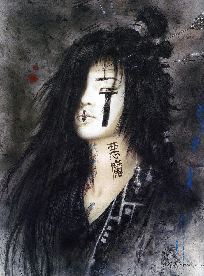 Portrait of a woman with tattoos and face paint, by Luis Royo