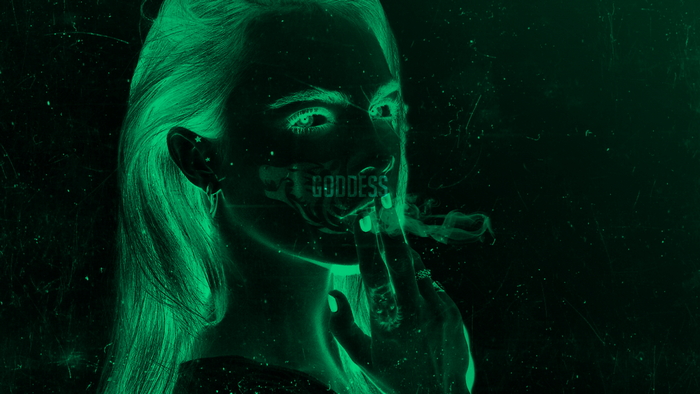 Woman smoking with 'Goddess' text overlay