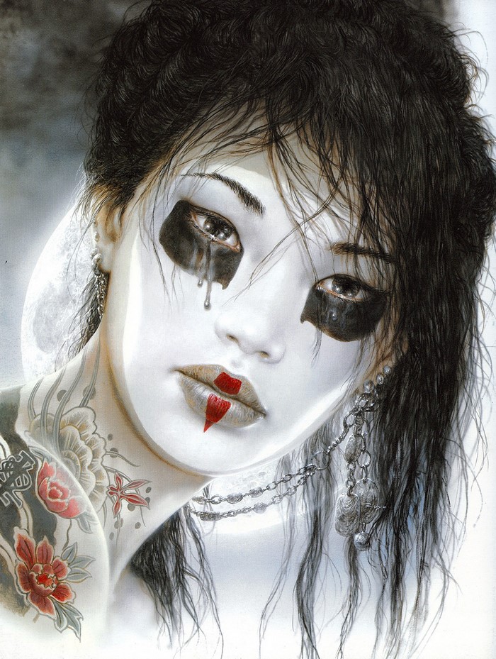 Portrait of a woman with tattoos and dramatic makeup by Luis Royo