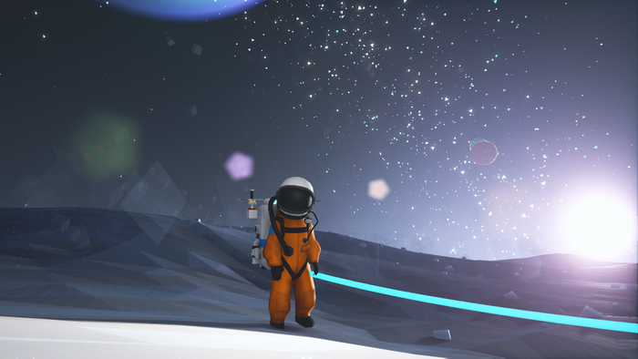 Astroneer astronaut on a planet with stars and lens flare
