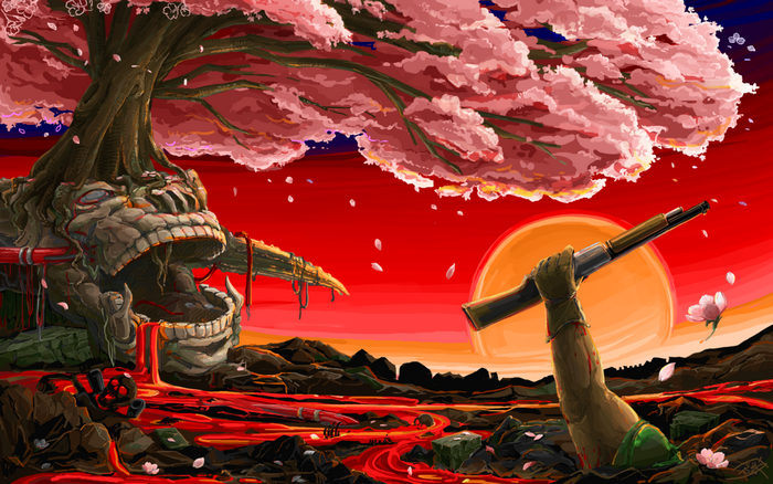 Doom game scene with cherry blossoms and lava