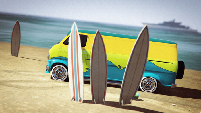 Van and surfboards on a beach in Grand Theft Auto V
