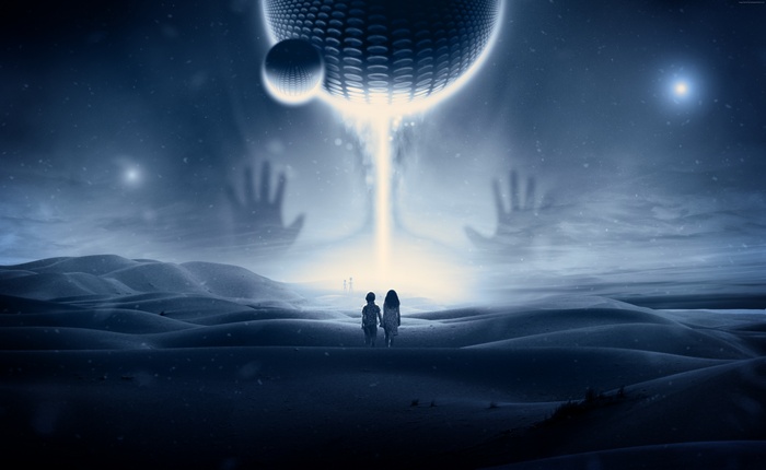 Alien encounter with children in a desert