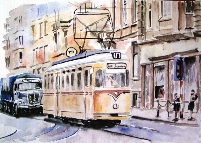Watercolor painting of a tram and truck on a city street