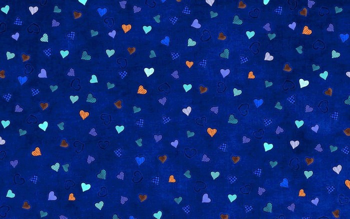 Blue background with scattered colorful hearts pattern