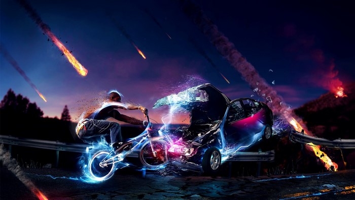 BMX rider and car collision with meteors