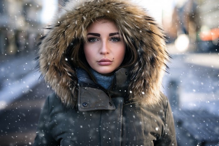 Woman in fur-lined hood in snow