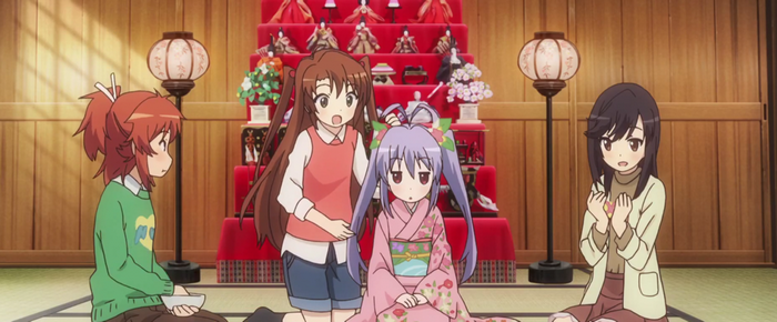 Anime girls in traditional Japanese room with Hina dolls