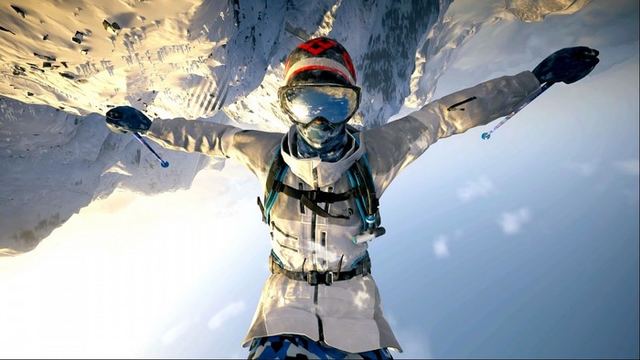 Steep video game screenshot of skier upside down