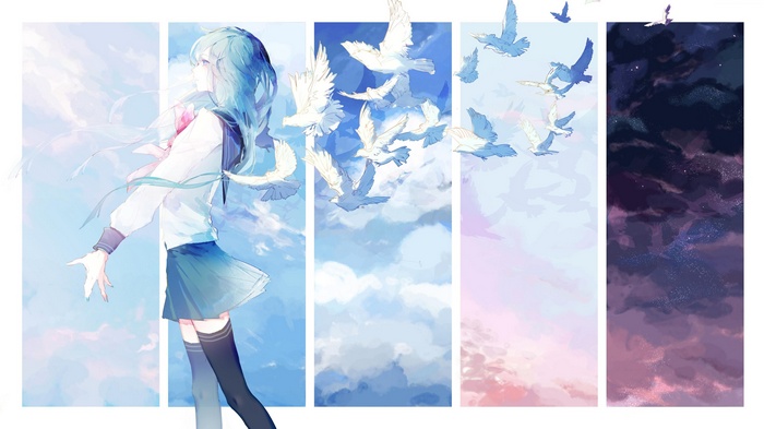 Anime girl with blue hair releasing white birds into the sky