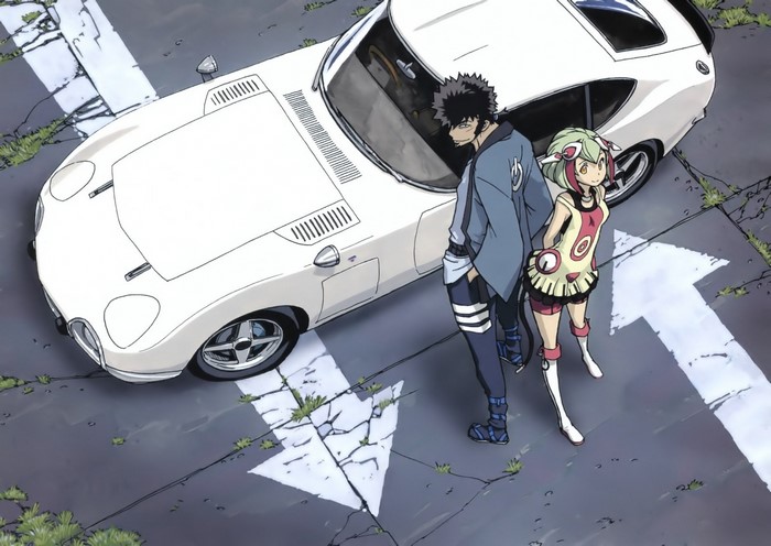 Mabuchi Kou and Yurizaki Mira with a white sports car from Dimension W