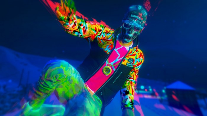 Character from Grand Theft Auto Online with psychedelic outfit