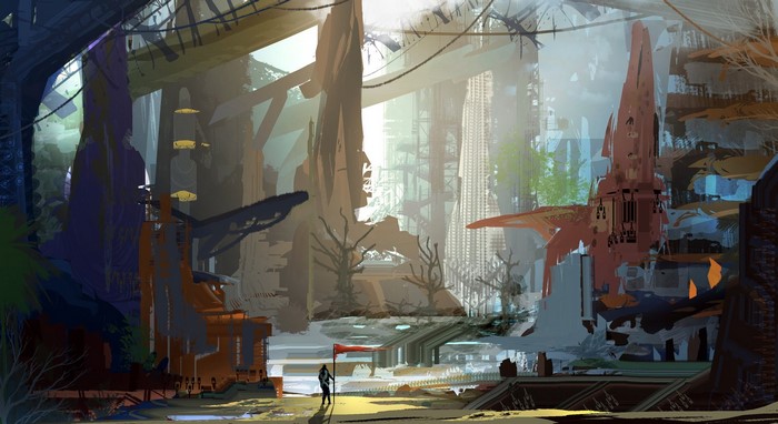 Futuristic overgrown city with alien architecture