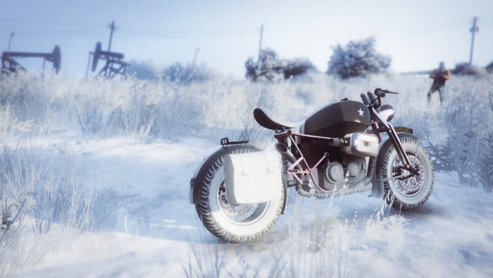 Motorcycle in a snowy field with oil pumps and a soldier