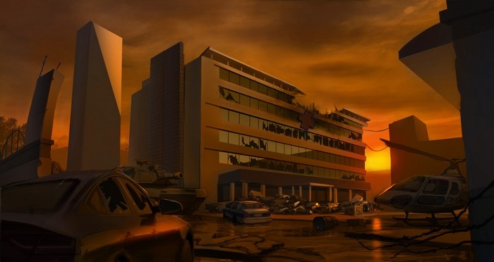 Apocalyptic cityscape at sunset with damaged buildings and vehicles