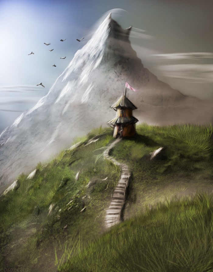 Painting of a small house on a grassy mountain with snow-capped peaks and birds flying
