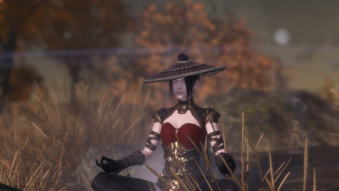 Woman in WuXia attire meditating in autumn