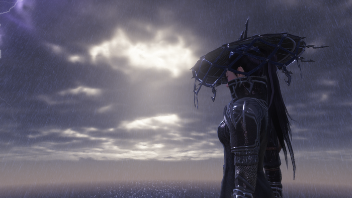 Character in ornate hat during a thunderstorm