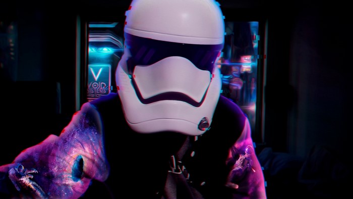 Stormtrooper helmet with galaxy-themed arm