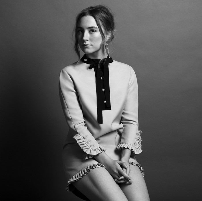 Saoirse Ronan in a black and white portrait