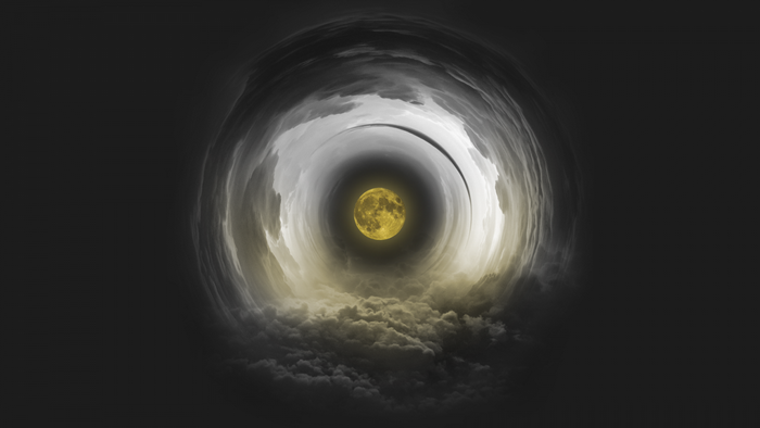 A surreal tunnel of clouds with a glowing yellow moon