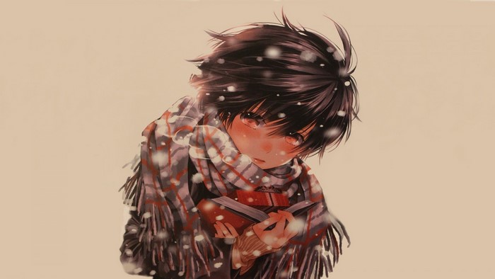 Anime girl reading a book in the snow
