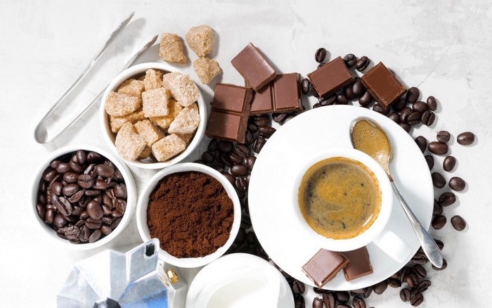 Coffee, chocolate, sugar, and coffee beans