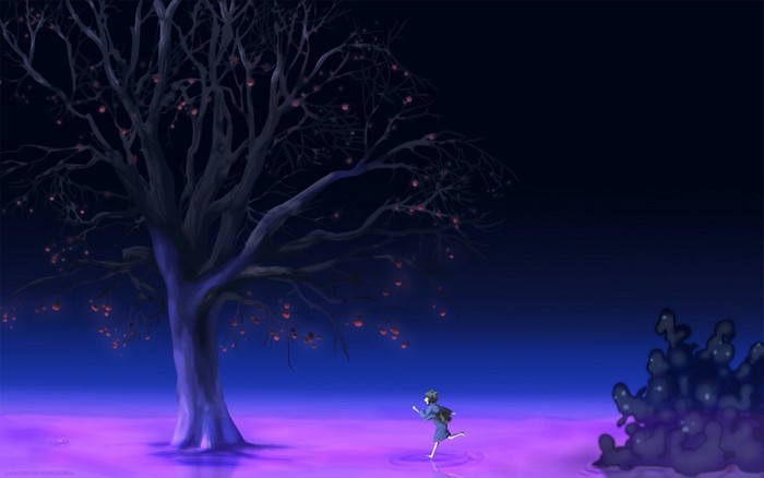 Girl running near a tree in a purple landscape