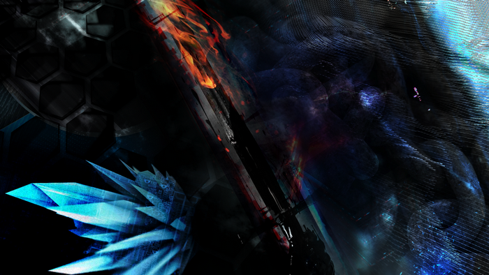 Abstract digital art with blue crystal and fire