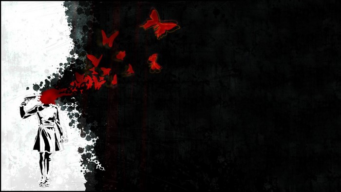 Girl shooting herself with butterflies flying out