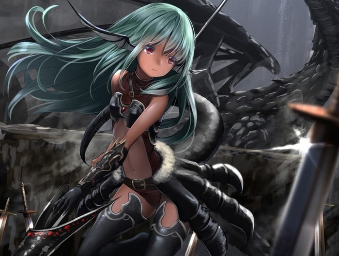 Anime woman warrior with green hair and dragon