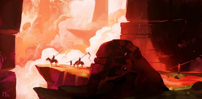 Fantasy illustration of riders on a cliff overlooking a red landscape